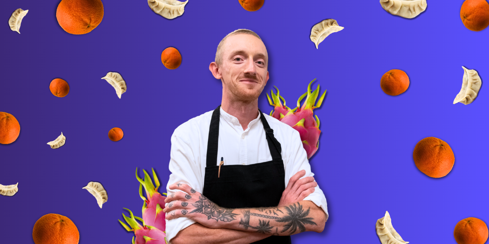 Chef Vojtech surrounded by dragon fruit and dumplings
